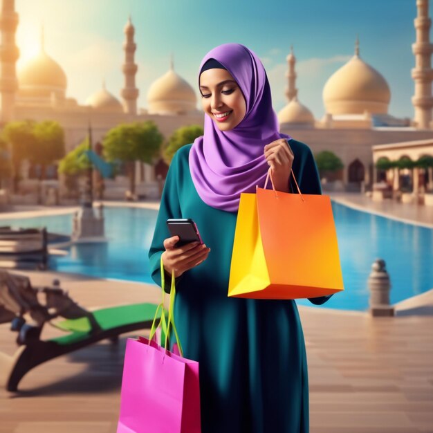 Foto mujer joven musulmana usando un teléfono inteligente y sosteniendo una bolsa de compras coloreada con espacio para copiar