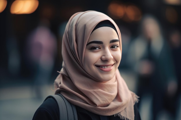 Una mujer joven muy hermosa con un hiyab cubriendo su cabeza IA generativa