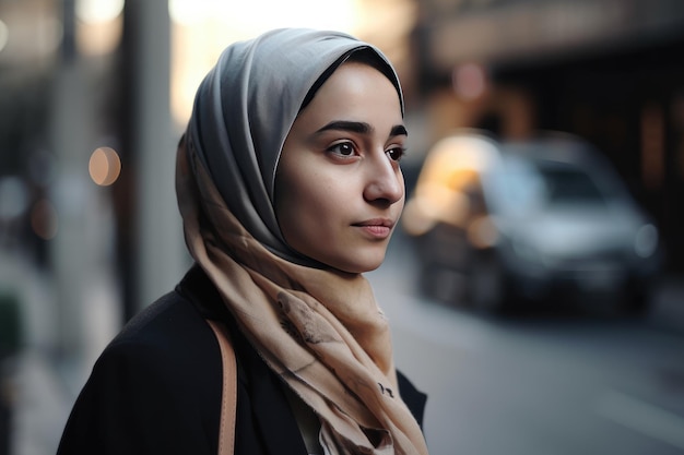 Una mujer joven muy hermosa con un hiyab cubriendo su cabeza IA generativa