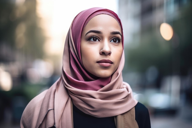 Una mujer joven muy hermosa con un hiyab cubriendo su cabeza IA generativa