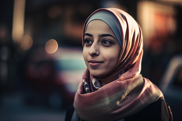 Una mujer joven muy hermosa con un hiyab cubriendo su cabeza IA generativa