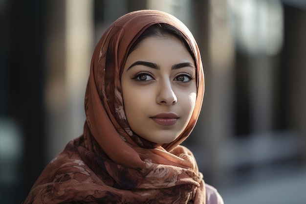 Una mujer joven muy hermosa con un hiyab cubriendo su cabeza IA generativa