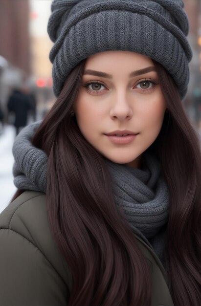 mujer joven muy hermosa nevada de invierno modelo de sombrero de lana retrato de belleza posado