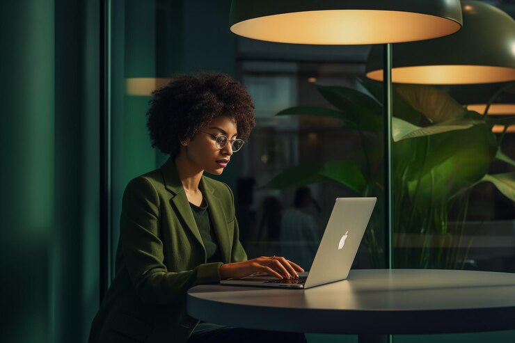 Mujer joven muy sonriente con ropa casual inteligente y gafas sentada en la mesa usando una computadora portátil moderna y un teléfono inteligente en una cafetería empresaria que usa el espacio de copia de aplicaciones móviles de negocios
