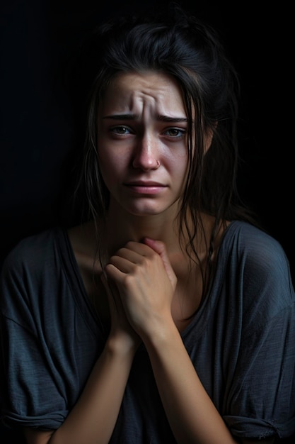 Foto una mujer joven muy triste y desesperada con signos obvios de depresión.