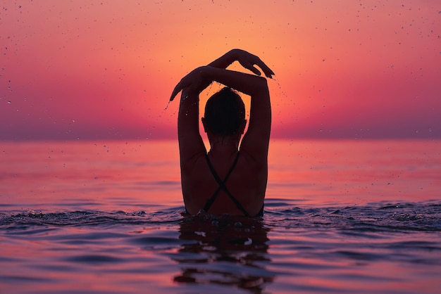 Mujer joven nadando en el mar al amanecer.