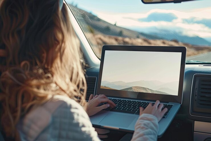 Foto mujer joven navegando por la computadora portátil en un viaje por carretera