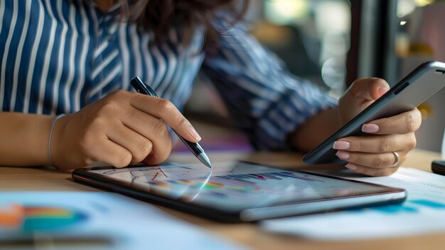 Mujer joven de negocios sentada en la oficina en la mesa y usando un teléfono inteligente En el escritorio hay una computadora portátil y tableta en la pantalla gráficos y gráficos Mujer analizando datos Estudiante aprendiendo en línea