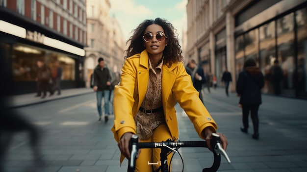 Mujer joven negra en bicicleta en la ciudad estilo de vida cómodo