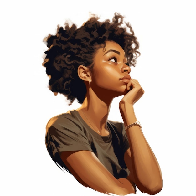 Mujer joven negra en ilustración de pensamiento y dudas Personaje hipster femenino con cara de ensueño sobre fondo abstracto Ai generó un cartel colorido dibujado brillante