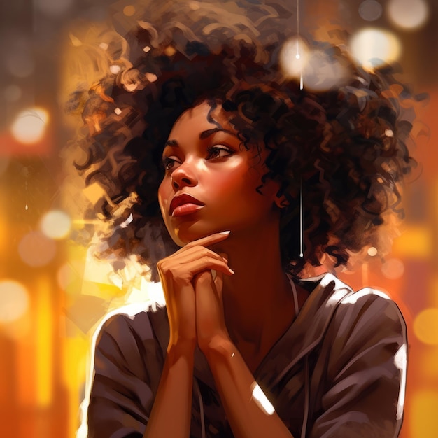 Mujer joven negra en pensamiento y dudas ilustración personaje hipster femenino con cara soñadora en fondo abstracto Ai generó un cartel colorido dibujado brillante