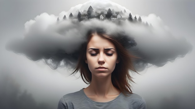 Mujer joven con niebla y nubes en su cabeza Conceptos relacionados con la depresión la soledad y la mentalidad