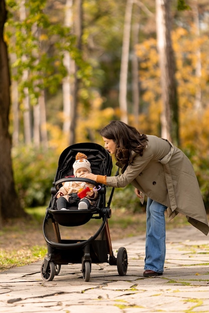 Foto mujer joven con una niña linda en un cochecito en el parque de otoño