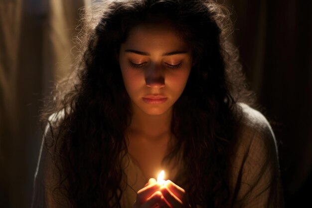 Una mujer joven con los ojos cerrados se baña en el cálido resplandor de una vela creando un momento íntimo de reflexión o meditación