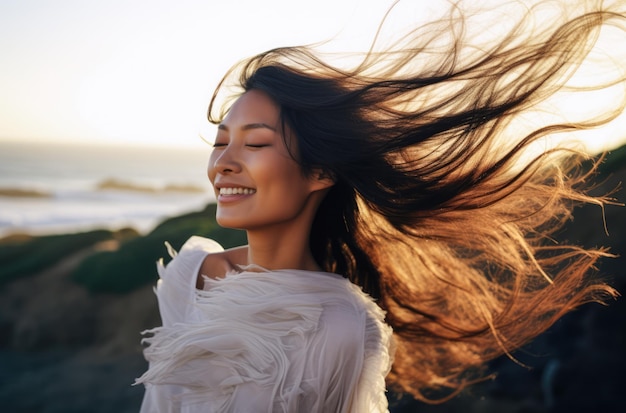 Foto mujer joven con los ojos cerrados disfrutando de su libertad en la costa del mar