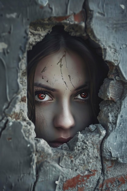 Mujer joven de ojos rojos mirando a través de un agujero