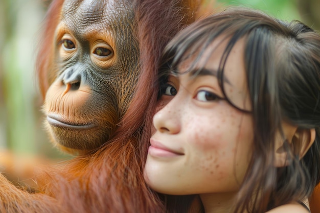 Mujer joven y orangután uno al lado del otro en un momento de conexión que refleja expresiones similares de