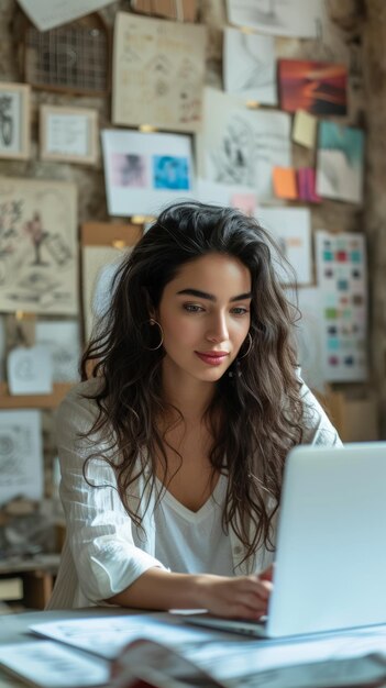 Mujer joven de Oriente Medio usando una computadora portátil en la oficina de su casa