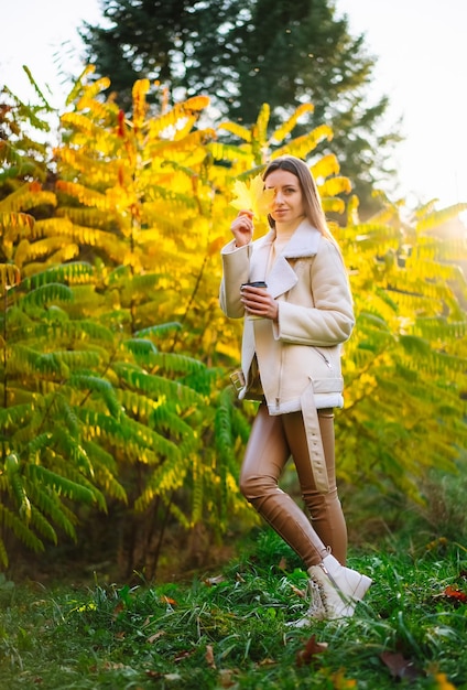 mujer joven, en, otoño, amarillo, parque, estacional, al aire libre, ambulante