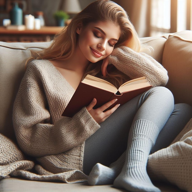 Mujer joven pacífica leyendo un libro relajante sofá acogedora sala de estar