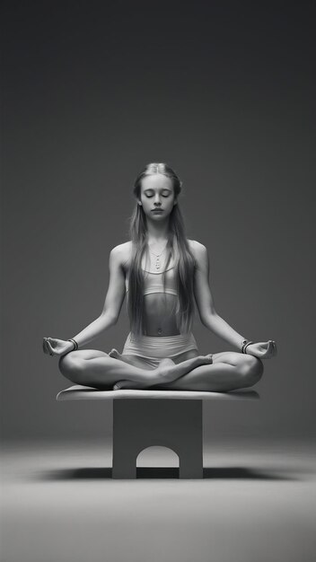 Foto mujer joven en padmasana posa con fondo de estudio gris