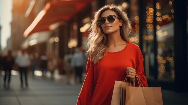 Mujer joven parada en la calle con bolsas mientras compra Creado con tecnología de IA generativa