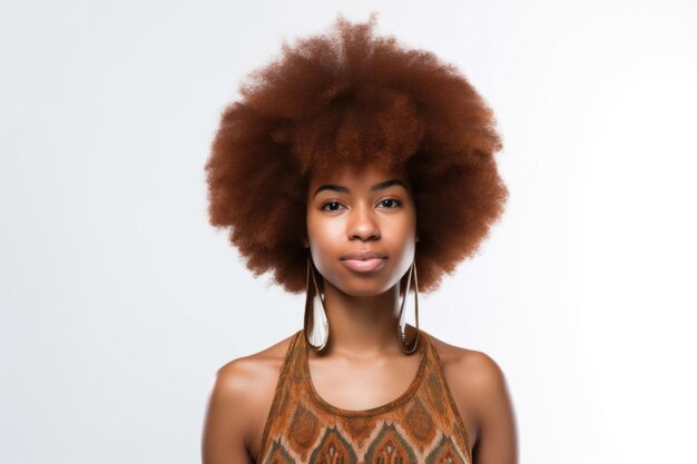 Foto una mujer joven parada en ella con un afro contra un fondo blanco.