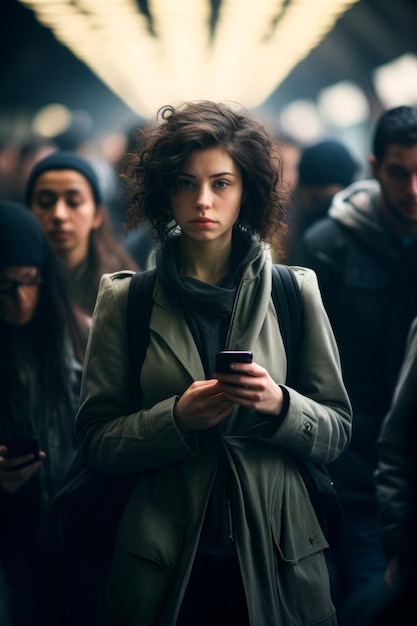 una mujer joven parada en un tren subterráneo lleno de gente absorta en su teléfono inteligente generativo de IA