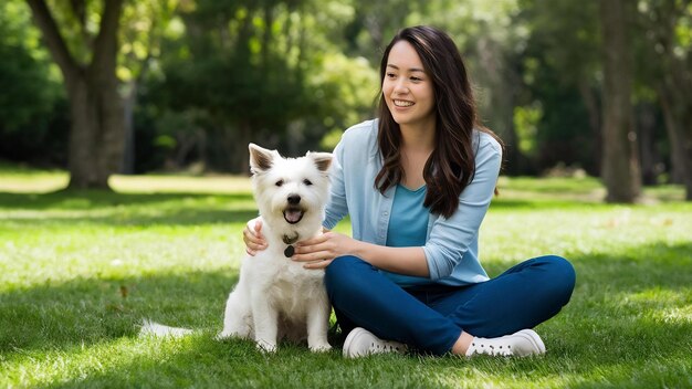 Mujer joven en el parque con su perro blanco