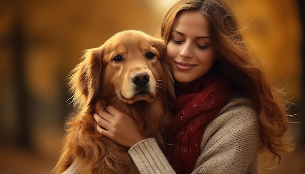 Mujer joven en el parque con su perro en otoño