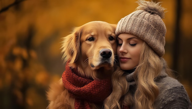 Mujer joven en el parque con su perro en otoño