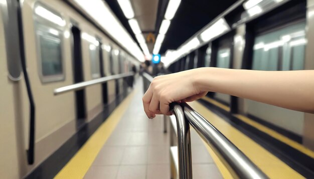 Mujer joven pasajera con la mano sosteniendo la barandilla en el metro