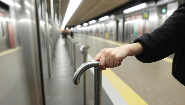 Mujer joven pasajera con la mano sosteniendo la barandilla en el metro