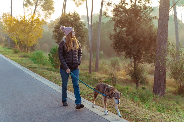 Mujer joven paseando a su perro en la naturaleza con los rayos del sol de la mañana cálido resplandor y largas sombras