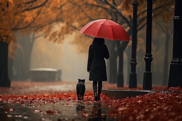 mujer joven paseando a su perro en el parque en un día lluvioso de otoño el sol brilla Generado por IA