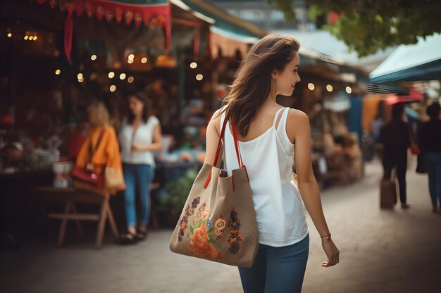 Mujer joven paseando por el vibrante mercado al aire libre