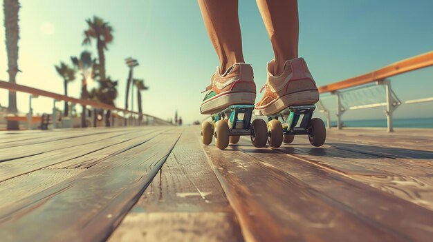 Mujer joven patinando en un paseo marítimo de madera a lo largo de la playa