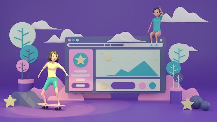 Foto mujer joven en patineta con render 3d de diseño de página web.