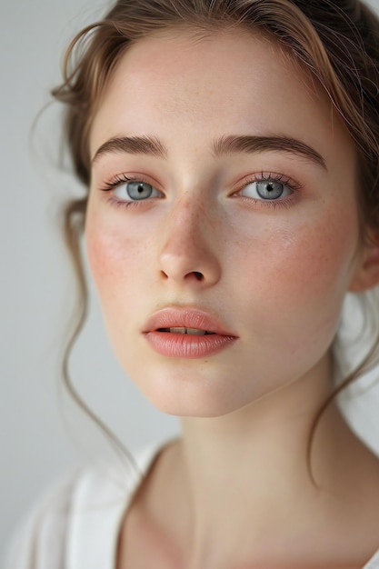 Mujer joven con pecas y ojos azules retrato de belleza