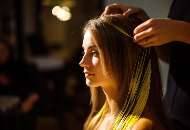 Mujer joven peinándose en un salón de belleza