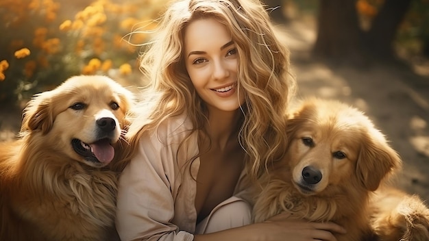 Mujer joven de pelo largo dos perros Golden Retrievers bosques de otoño