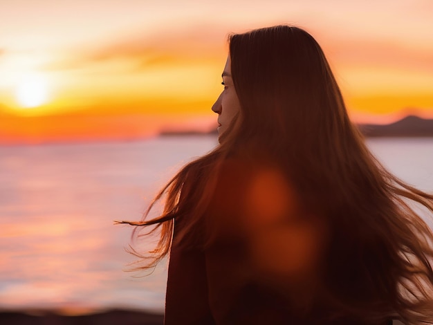 Mujer joven con el pelo largo y marrón mirando la puesta de sol