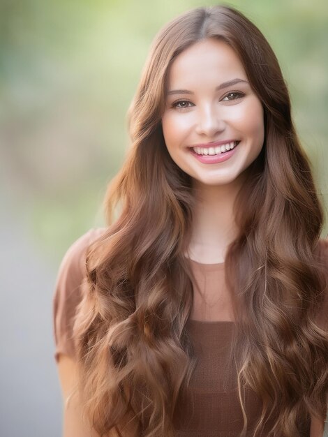 Mujer joven con el pelo largo y marrón sonriendo mirando a la cámara