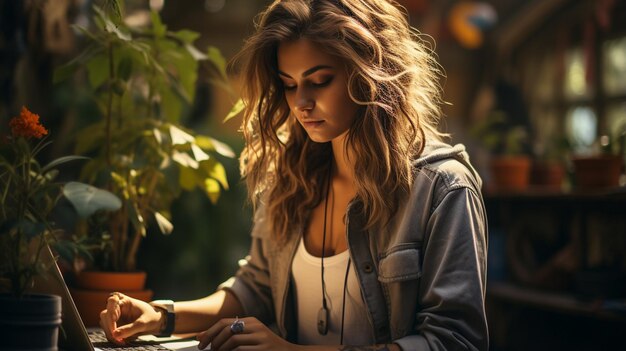 Mujer joven con pelo largo y rizado sentada en un café.