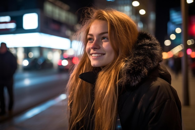 una mujer joven con el pelo largo y rojo de pie en una calle de la ciudad por la noche