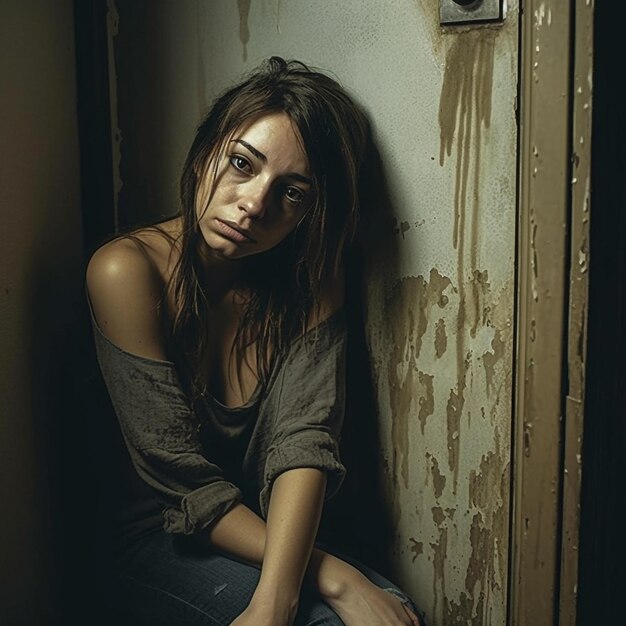 Una mujer joven con el pelo largo se sienta en el interior en la oscuridad Mujer triste y deprimida