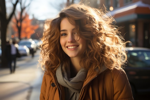 una mujer joven con el pelo rizado está parada en una calle de la ciudad