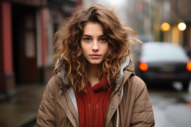 una mujer joven con el pelo rizado de pie bajo la lluvia