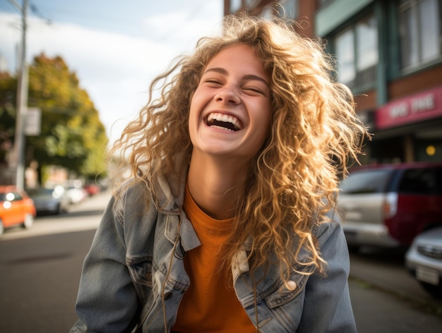 una mujer joven con el pelo rizado riendo en la calle