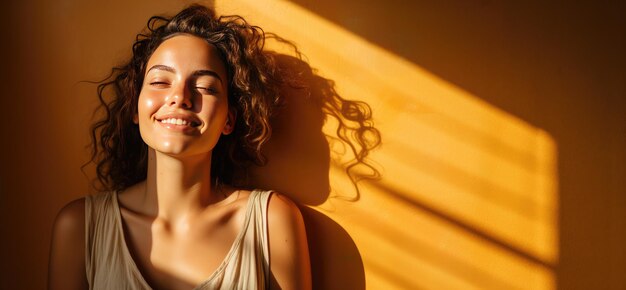 Mujer joven con pelo rizado sonriendo contra un fondo de pared naranja con luz solar entrando desde un lado Concepto de alegría y serenidad